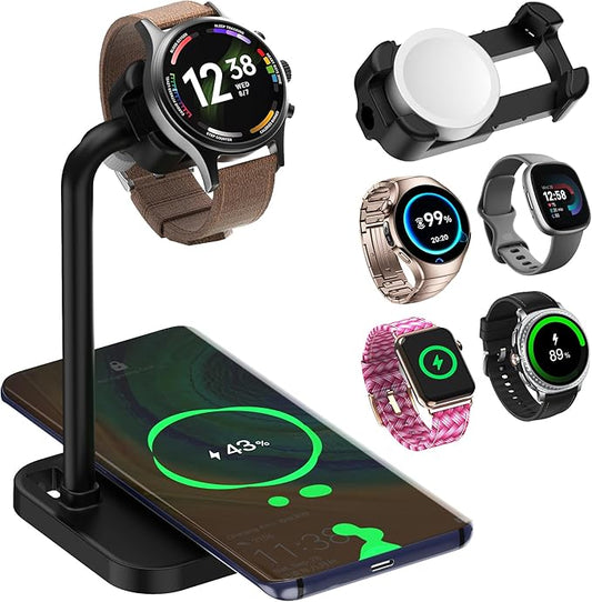 2 in 1 Universal Wireless Charging Dock with Adjustable Smartwatch Stand Compatible with Samsung/Google/Pixel/Fossil/Fitbit/Garmin/Huawei/AMAZTIM/Amazfit/Suunto/xiaomi(2SW-B)