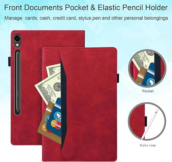 Case for Samsung Galaxy Tab S10 FE+/S10 FE Plus 13.1 Inch 2025 Model (SM-X620/SM-X626B) with Pencil Holder/Pocket/Card Slots Folio Stand PU Leather TPU Back Shockproof Wallet Cover Red