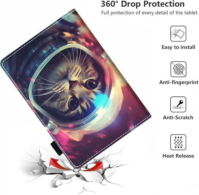 Case for All-New Amazon Kindle Fire HD 10 &amp 10 Plus Tablet 10.1 (13th/11th Generation 2023/2021 Release) - PU Leather Folio Case with Smart Auto Wake/Sleep Cat Astronaut