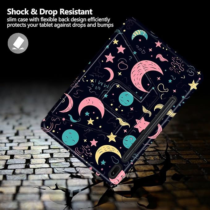 Case for Samsung Galaxy Tab S8 Plus 2022/S7 FE 2021/S7 Plus 2020 12.4 Inch Stars and Moons Theme 360 Degree Rotating Stand Smart Protective Cover for Samsung S7 FE Tablet