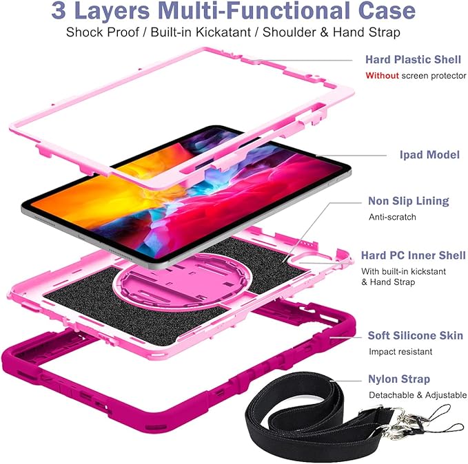 Shockproof Case for iPad Pro 11-inch 4th/3rd/2nd Generation with Shoulder Strap Techcircle Heavy Duty Rotating Kickstand Hand Strap Rugged Defender Protective Case with Pencil Holder Rose+Pink