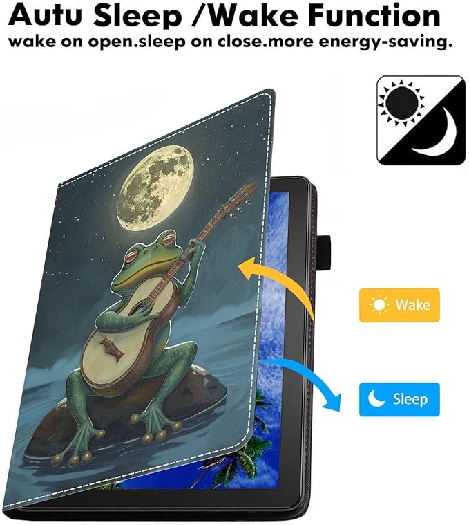 Case for Amazon Kindle Fire 7 Tablet (7 9th/7th Generation 2019/2017 Release) Slim PU Leather Cover with Card Slot &amp Auto Wake/Sleep Frog Playing Guitar