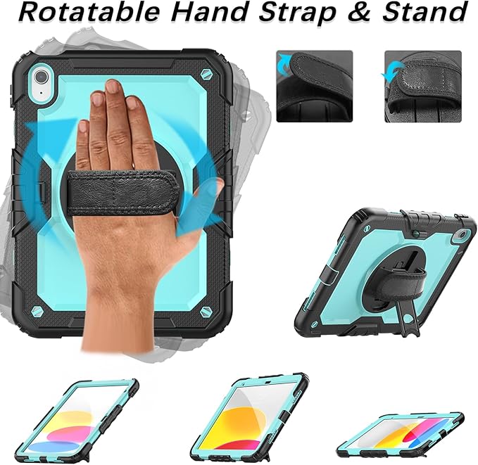 Weuiean Case for iPad A16 11th/10th Generation 11/10.9 Military-Grade Heavy-Duty Shockproof Cover with 360° Rotating Stand Built-in Pencil Holder &amp Adjustable Hand/Shoulder Strap - SkyBlue+Bla