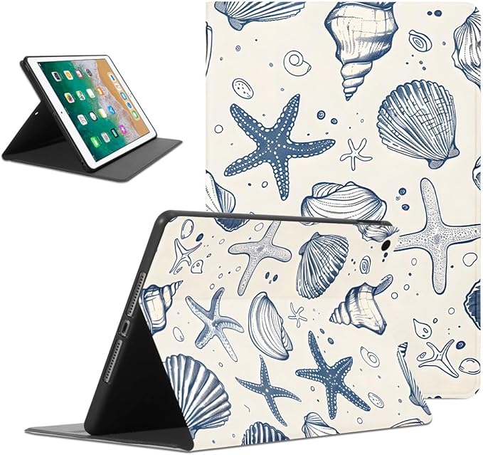 Aesthetic Summer Shells Tablet Case for iPad 6th/5th Gen 2018/2017 9.7 Inch Cute Ocean Beach Starfish Pattern Design Cover for Girls Women Trendy Protective Cases Flip PU Leather Funda