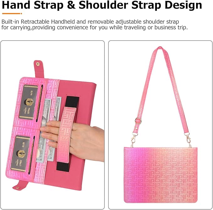 Dteck Luxury Sparkle PU Leather Case for iPad Air 13 2024 &amp iPad Pro 12.9 - Stand With Pencil Holder Shoulder Hand Strap Card Pockets Shockproof Rugged Protective Magnetic Wallet Rose