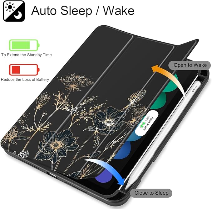 May Chen Slim Case for iPad mini 7 (A17 Pro 7th Generation) 2024 / iPad mini 6 (6th Gen) 8.3 Inch [Built-in Pencil Holder] Shockproof Cover Clear Clear Back Shell Auto Wake/Sleep Abstract Floral