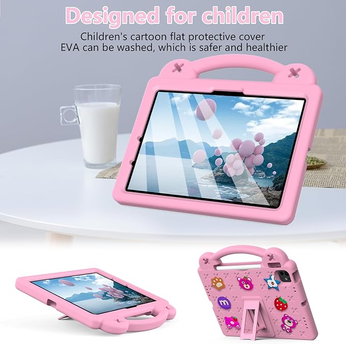 Dteck Case for iPad Air 5th/4th Gen 10.9 2022/2020iPad Pro 11 inch 4th/3rd/2nd/1st GenStrawberry Panda Shockproof Rugged Lightweight Convertible Handles Stand Kids Friendly Pencil Holder CasePink