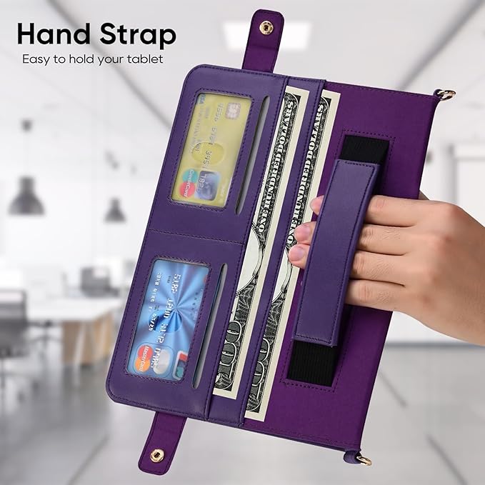 Tablet Carrying Shoulder Bag Case for Samsung Galaxy Tab S8+ Plus/S7+ Plus/ S7 FE 12.4 Retro PU Leather Hand Strap Crossbody Shoulder Strap Cards Holder Pocket S Pen Holder Stand CoverPurple