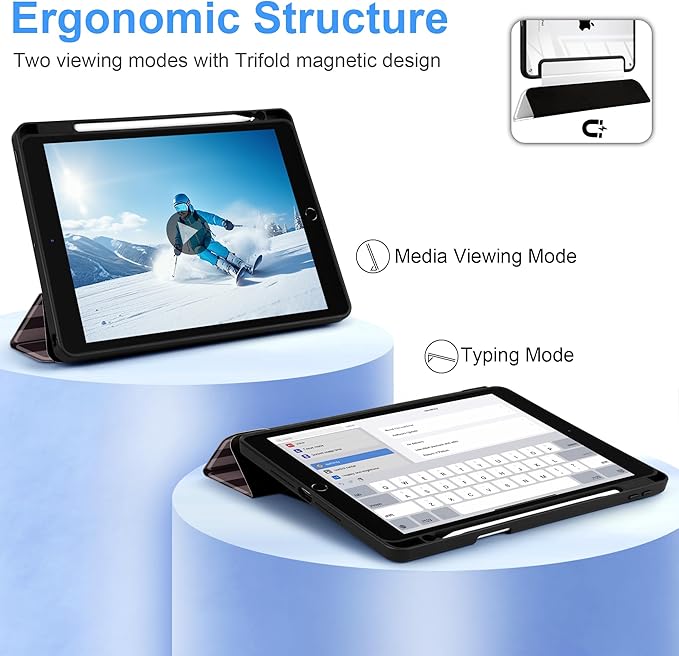 DONGKE for iPad 9th/8th/7th Generation Case 10.2 Inch (2021/2020/2019) [Auto Sleep/Wake &amp Pencil Holder] Clear Acrylic Back Trifold Stand Cover Brown Stripes