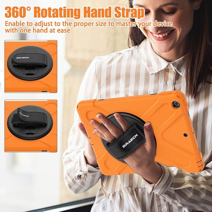 BRAECNstock for Apple iPad 9th/ 8th/ 7th Generation Case 10.2 2021/2020/2019 Shockproof Protective iPad 10.2 inch Kids Case with Screen Protector Rotating Stand+Hand Strap Shoulder Strap Orange