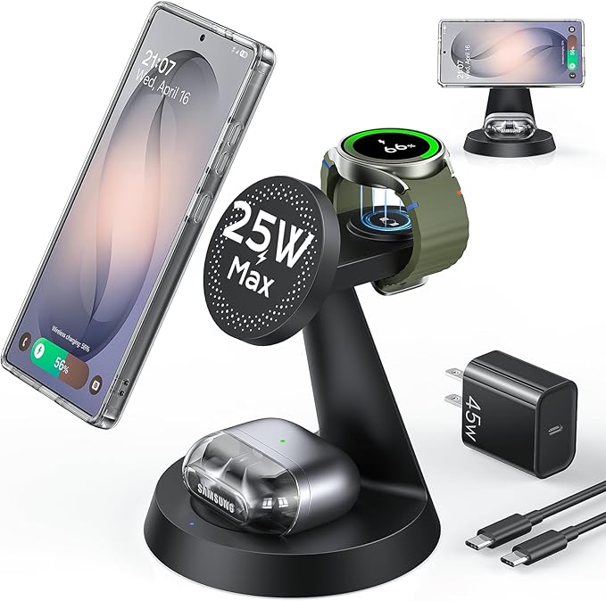 25W Magnetic Wireless Charger for Samsung Galaxy S26 Ultra &amp 45W Adapter 3 in 1 Charging Station Design for MagSafe Samsung Charger for S25/Z Fold7 Charger Stand for Galaxy Watch Ultra 8 for Bu