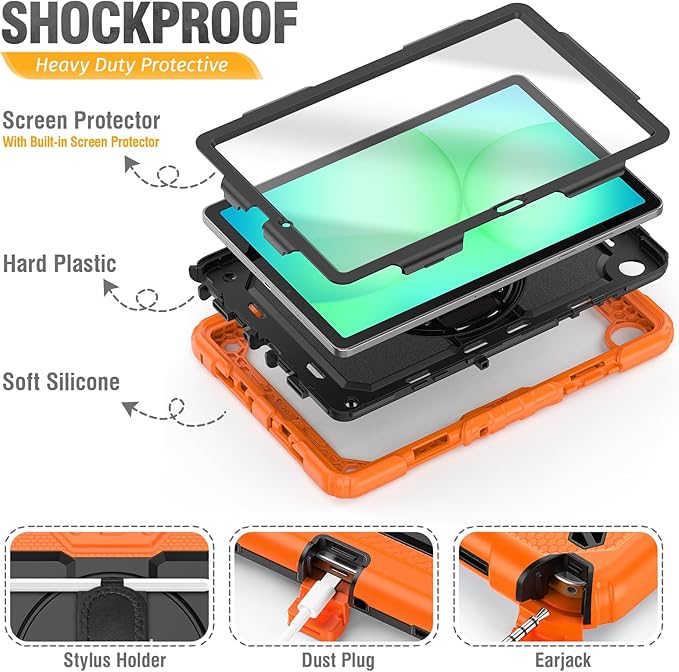 HXCASEAC Case for Samsung Galaxy Tab A11+ Plus 11 Inch Protective with Screen Protector/Hand Strap/Pen Holder Sturdy Shockproof for Samsung A11 Plus Tablet Case 5G SM-X230 SM-X236 SM-X238U - Orange