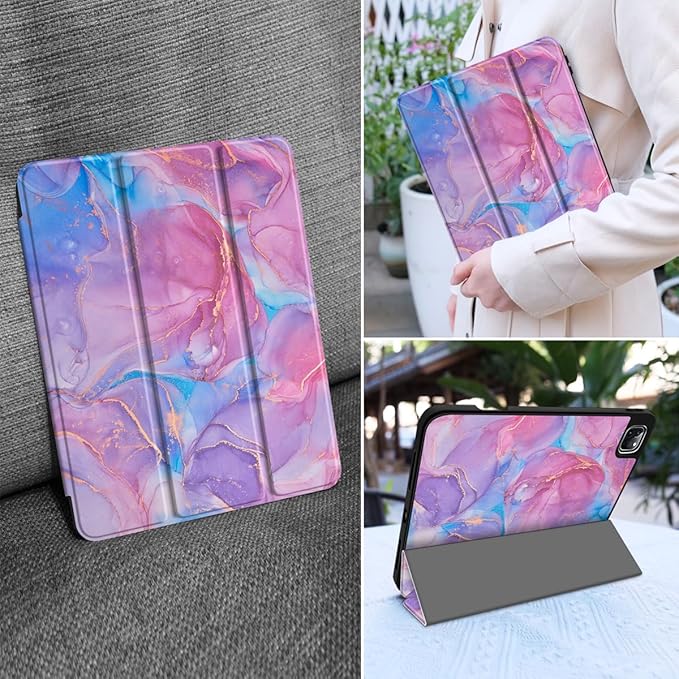 MEEgoodo Case for iPad Pro 12.9 Case M2 6th/5th/4th/3rd Generation 2022 2021 2020 2018 Protective Tablet Cover with Soft Back Shell for Kids Pink Marble Texture