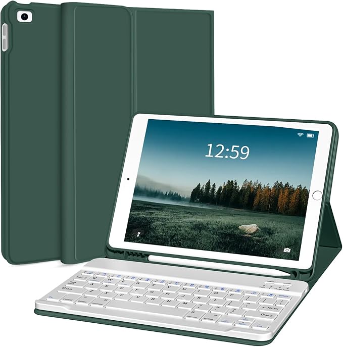 kenke for iPad 6/5th Generation Case with Keyboard 9.7 Inch 2018/2017 iPad Air 2/1 Detachable Wireless Bluetooth iPad Keyboard Case with Built-in Left Side Pencil Holder Auto Wake/Sleep(Dark Green)