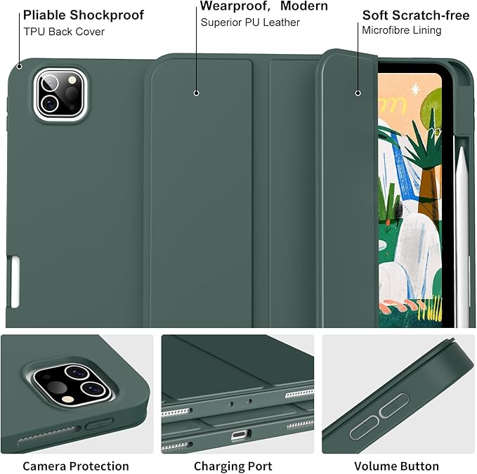 Case for iPad Pro 12.9 Inch Case 6th/5th/4th/3rd Generation with Pencil Holder Smart Stand Cover with Soft TPU Back for iPad 12.9 Pro Case (2022/2021/2020/2018) Auto Sleep/Wake Dark Green