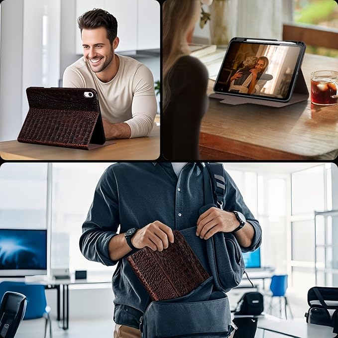 Gexmil Leather Case for iPad (A16) 11th Generation 11 Inch 2025 iPad 10th Generation 10.9 Inch 2022Protective Cover with Pencil HolderMagnetic ClosureAuto Sleep/WakeBrown Crocodile