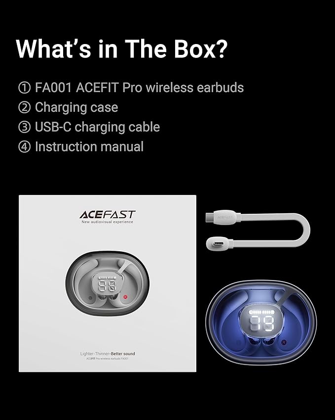 ACEFAST AceFit Pro Open-Ear Headphones Night Safety Mode for Sports Powerful Bass 7.6g Ultra-Comfort Bluetooth 5.4 30H Playtime with Digital Display IP54 Sports Earbuds for Running &amp Workout