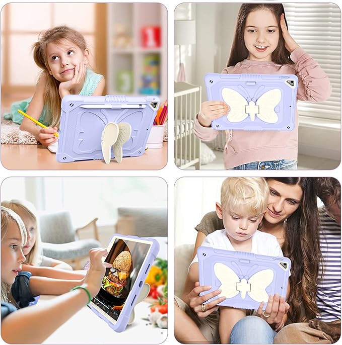 Ambison Case for iPad 9th/8th/7th Generation 10.2 inch with Glass Screen ProtectorRugged Shockproof Protective Cover for Kids Girls Butterfly StandShoulder Strap for iPad 2021/2020/2019-Purple