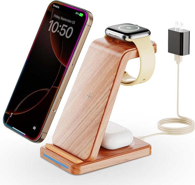 Wireless Charging Station 3 in 1 Wireless Charger Stand for Multiple Apple Devices Charging Dock for iPhone 16 15 14 13 12 11 Pro Max XS 8 Apple Watch 8 7 6 SE 5 4 3 2 3/2/Pro Wood