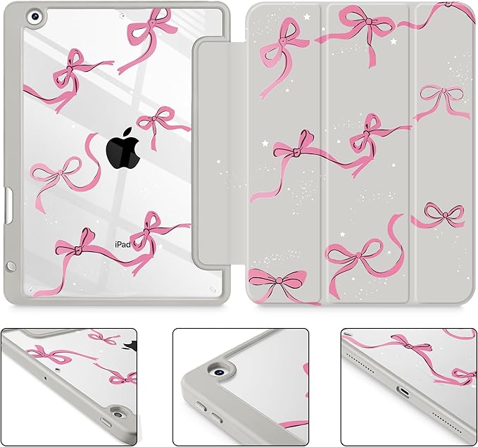 May Chen for iPad 9th Generation with Pencil Holder iPad 8th/7th Gen Case 10.2-inch [Penceil Holder] Trifold Stand Auto Wake/Sleep Clear TPU Protection Back Cover Khaki Bows