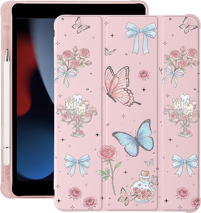 Cute Flower Butterfly for iPad mini 7 A17 Pro 2024/iPad Mini 6 Case with Pencil Holder Auto Sleep/Wake Pink Leather Soft TPU Back Cover