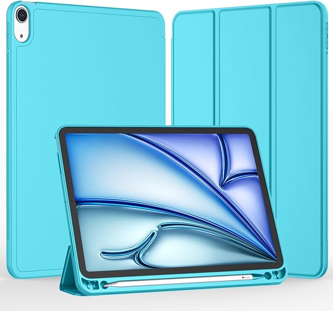 iMieet iPad Air 11 Inch Case M4/M3/M2(2026/2025/2024) iPad Air 5th/4th Generation Case 2022/2020 10.9 Inch with Pencil HolderTrifold Stand Smart Case with Soft TPU Back(New Cyan)