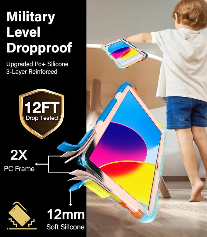 JKSML Case for iPad (A16) 11th/10th Gen | 360° Rugged Rotating Stand | Pencil Holder | Adjustable Shoulder Strap | Heavy Duty Drop Protective Cover for iPad 10.9 (2022)/ 11 (2025) - Colorful