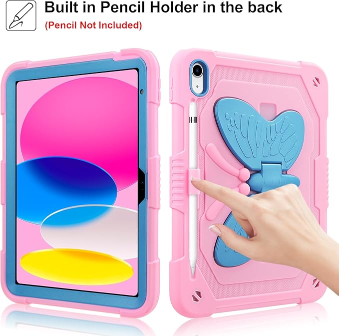 VOFUOE for iPad 10th Generation Case for Kids Girls 2022 10.9'' for iPad A16 Case 11th Generation 2025 11'' with Screen Protector Shoulder Strap Butterfly Wings Stand Pencil Holder Rugged Cover-Pink