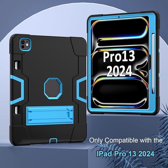 Tablet Case for iPad Pro 13 Inch M4 (2024 Model 7th Generation) with Kickstand Heavy Duty Hard PC Soft Silicone Accessories Protective Case for iPad Pro 13” A2925 A2926 A3007Black/Blue