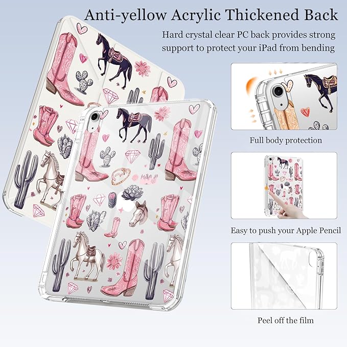 Cute Western Cowgirl for iPad Air 11 Inch Case 7th/6th Generation (M3/M2) 2025/2024 with Pencil Holder Auto Sleep/Wake White Leather Acrylic Back Detachable Cover