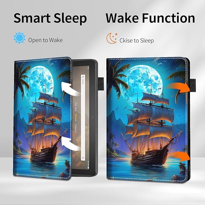 Case Fits All-New Amazon Kindle Fire HD 8 &amp 8 Plus Tablet(12/10th Gen2022/2020 Release) - Slim Fit Standing Cover with Auto Sleep/Wake for Fire HD 8 &amp 8 PlusPirate Ship Moon 4