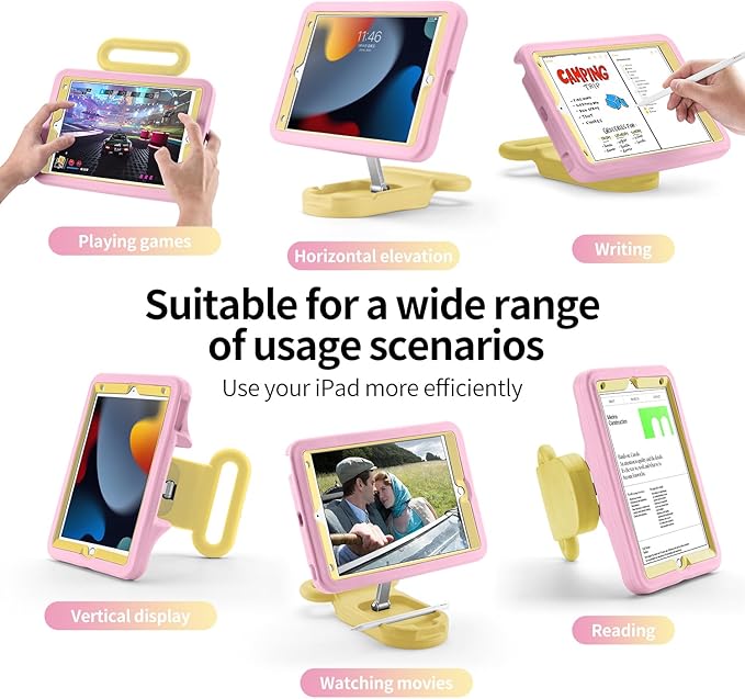 Kids Case for iPad 9th Gen 2021/ iPad 8th Gen 2020/ iPad 7th Gen 2019 Adjustable Portrait/Landscape Stand Drop Proof with HandleChild Friendly Cover for iPad 10.2 Inch (PinkYellow)