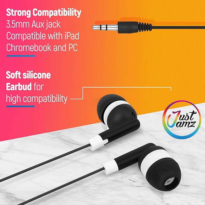 JustJamz Bulk Earbuds 100 Pack | Basic Ear Bud Black Dot in-Ear Earphones Disposable Headphones Class Headphones Set for Students Earphones for Class Kids Classroom Library Wired Earbuds