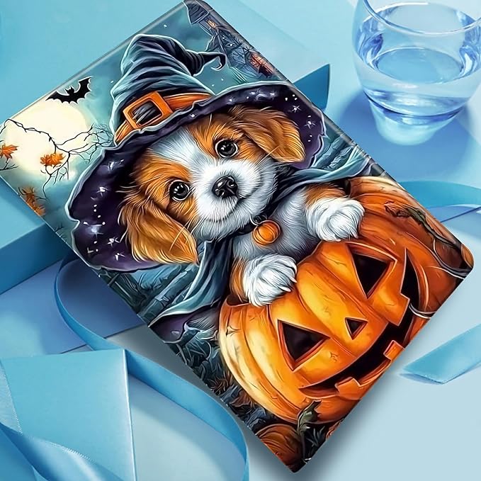 Case for Amazon Fire HD 8/ HD 8 Plus Tablet (12th/10th Generation 2024/2022/2020) PU Leather Smart Protective Cover with Auto Sleep/Wake for Fire HD 8 2024/2022Dog Wearing Witch Hat Pumpkin
