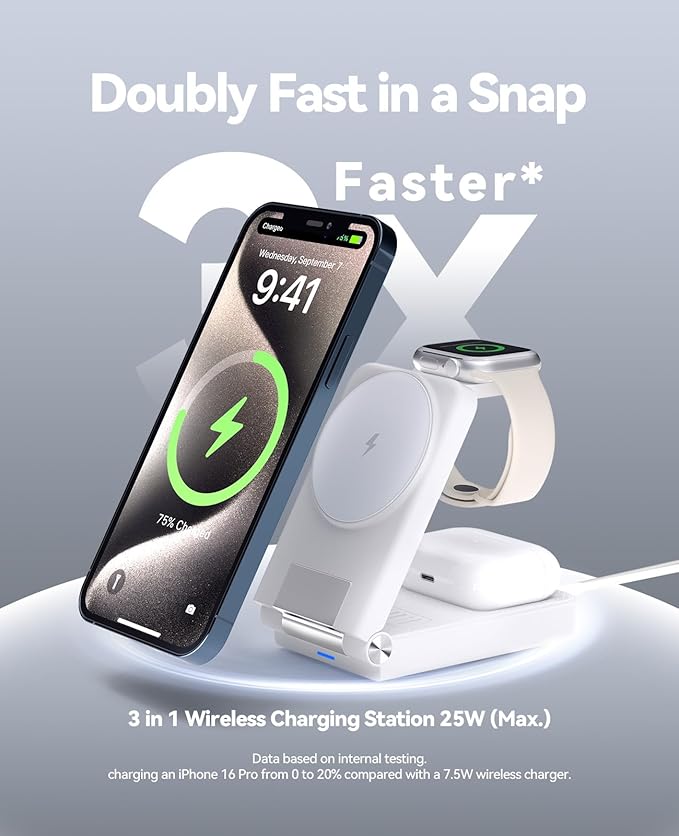3 in 1 Charging Station 25W Foldable Magnetic Fast Wireless Charger Stand for Apple Multiple Devices Travel Charger for iPhone 17 16 15 14 13 12 Series Watch AirPods 4/3/2/Pro