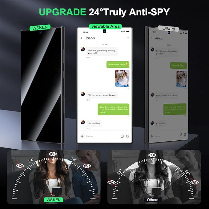 WSKEN for Samsung Galaxy S24 Ultra Privacy Screen Protector 24 Degree [Auto-Dust Removal] [Fingerprint Unlock Support] Full Coverage HD Tempered Glass Film with Dust Clean Installing House2 Pack