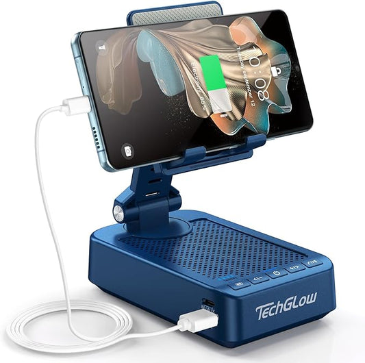 TechGlow Gifts for Men Women Foldable Cellphone Stand with Bluetooth Speaker and Charging Function 360° Rotatable Phone Stand Birthday Gift Idea for Mom Dad Cool Tech Gifts-Blue