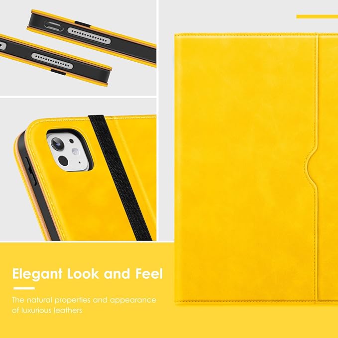 VIKESI Case for iPad Pro 13 (M4) 2024 Leather Stand Cover with Apple Pencil Holder Auto Wake/Sleep Multiple Viewing Angles Built in Hand Strap &amp Pocket Yellow