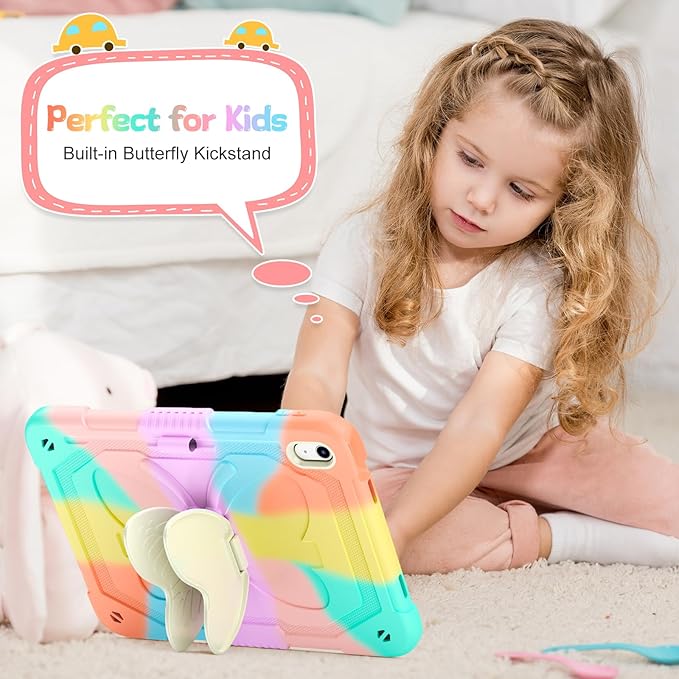 Case for iPad (A16) 11th/10th Generation (2025/2022) 11/10.9 for Kids Girls with 9H Tempered Glass Screen Protector Butterfly Stand Carrying Strap Shockproof - Colorful
