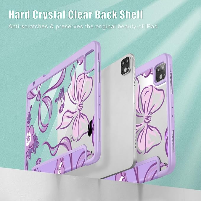 Mektron Case for iPad Pro 11 inch (4th 3rd 2nd &amp 1st Gen) 2022 2021 2020 2018 Buit in Pencil Holder with Shockproof Cover Clear Shell + Auto Wake/Sleep Flowers-Bows-Purple