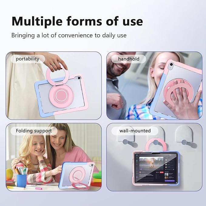 Case for iPad (A16) 11th /10th Generation 11 Inch 2025/10.9 inch 2022with Screen Protector360 Rotating Metal StandClear BackHeavy Duty Shockproof for Kids Case Blue-Pink