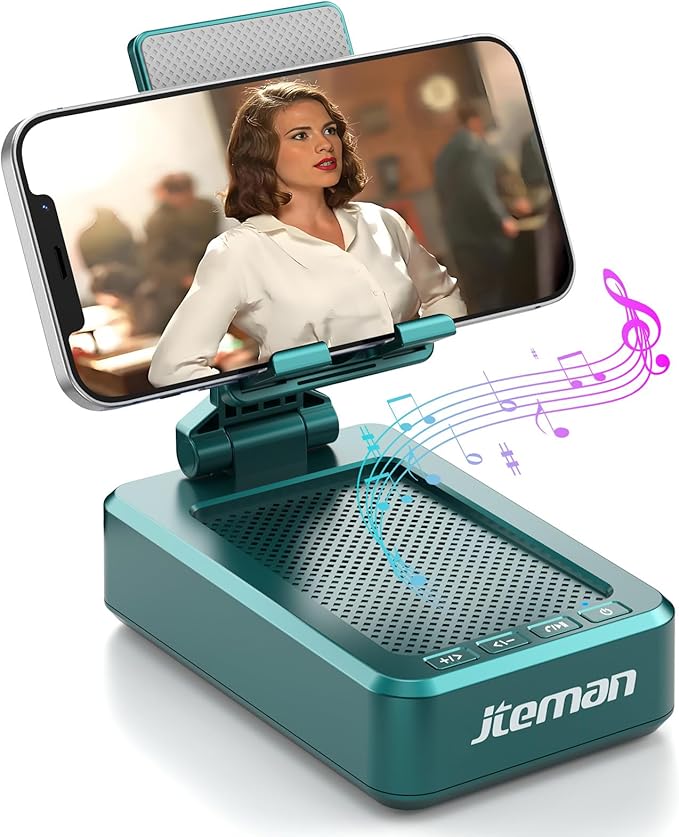 JTEMAN Cell Phone Stand with Wireless Bluetooth SpeakersAngle Adjustable Strong Pedestal Phone Stand for DeskHD Sound and Bass Bluetooth Speaker Compatible with All Mobile Phones(Green)