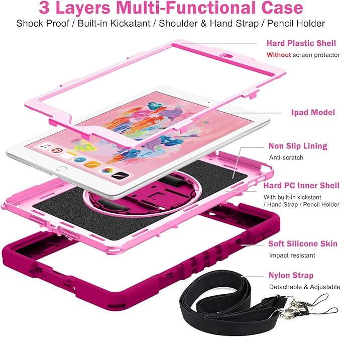 Shockproof Case for iPad 9th/8th/7th Generation 10.2 with Shoulder Strap Techcircle Heavy Duty Rotating Kickstand Hand Strap Rugged Defender Protective Case w/Pencil Holder Rose+Pink