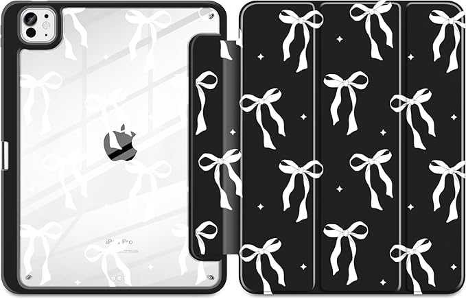 MecBevia Case for iPad Pro 11 inch M5 2025 / M4 2024 (6th/5th Gen) A3357 A3358 A3359 A2836 A2837 A3006 – Built-in Pencil Holder &amp Auto Wake/Sleep White Bow