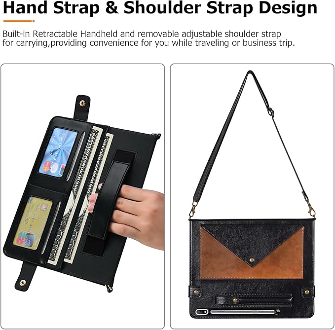 Dteck Case for Galaxy Tab S10 Plus/S9 FE Plus/S9+/S8+/S7 FE/S7+ 12.4Business PU Leather Fold Stand Protective Cover with S Pen Holder Shoulder Hand Strap Card Slots Bag Wallet CoverCoffee/Black