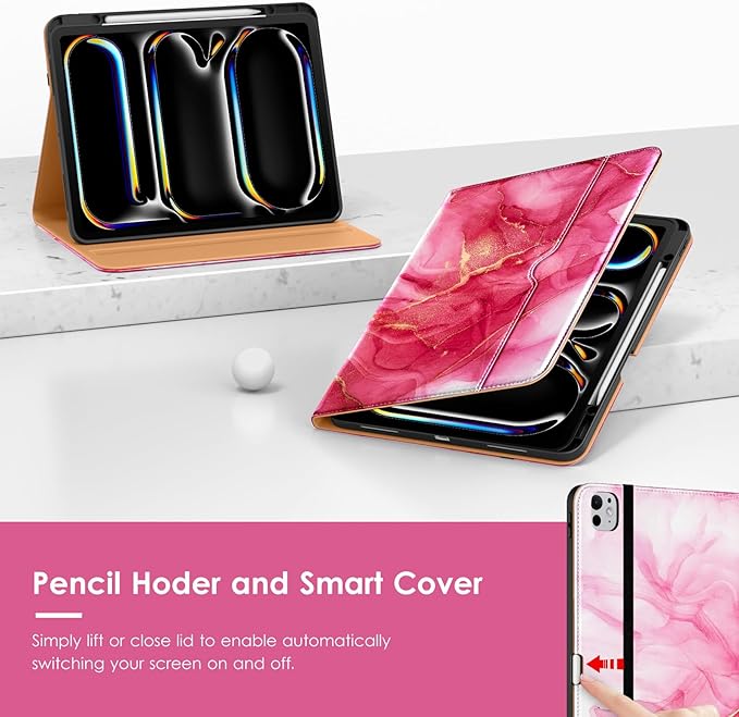 VIKESI Case for iPad Pro 13-inch M5 or M4 Released in 2025 or 2024 Leather Stand Cover with Apple Pencil Holder Auto Wake/Sleep Multiple Viewing Angles Built in Hand Strap &amp PocketRed Marble