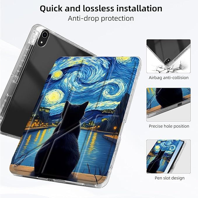for iPad A16 (11th Generation) Case with Pencil Holder Foldable Y-Shaped Protective Cover Stylish Clear Multi-Angle Viewing &amp Auto Sleep/Wake Tablet Case Starry Night Cat