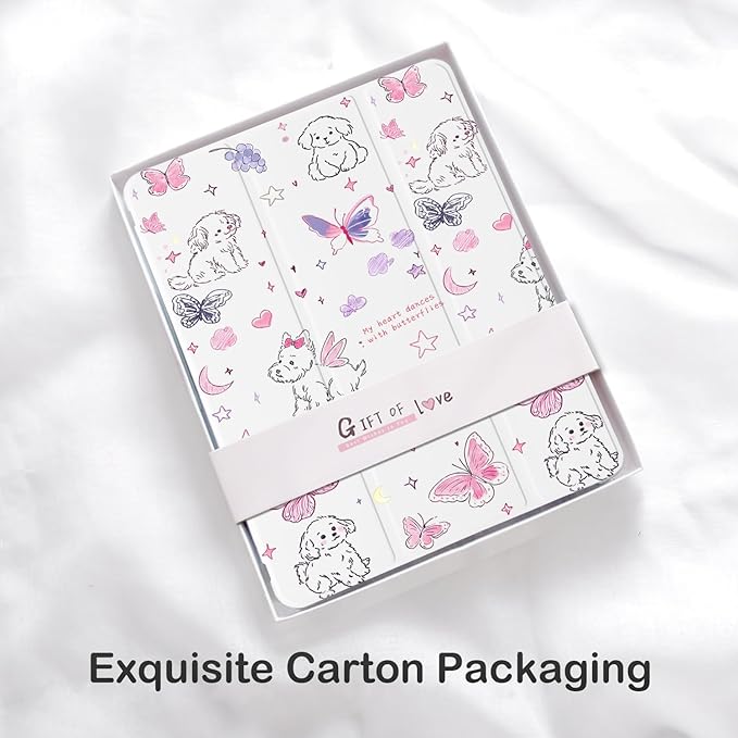 Cute Kawaii Puppy Butterfly for iPad mini 7 A17 Pro 2024/iPad Mini 6 Case with Pencil Holder Auto Sleep/Wake White Leather Soft TPU Back Cover