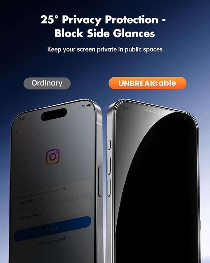 UNBREAKcable Privacy Screen Protector for iPhone 15 Pro (6.1-Inch) 2-Pack + 2 Lens Protectors｜25° Anti-Spy｜9H Hardness｜Anti-Fingerprint｜HD Clarity Tempered Glass
