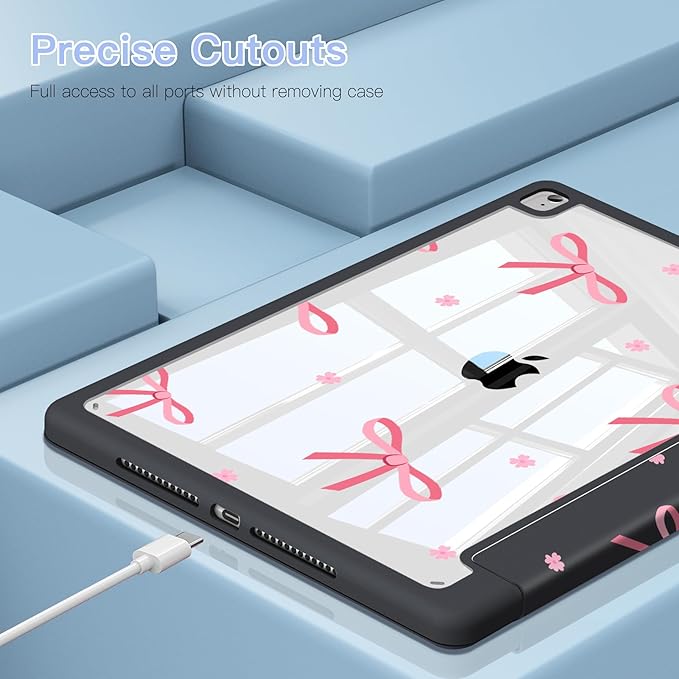 Teryeefi for iPad 10.2 case 2021 20202019 Release 7th 8th 9th Generation Built in Pencil Holder - Stand-Auto Wake/Sleep TPU &amp Hard Stand Clear Back Cover for 10.2 iPad (Black Bow)